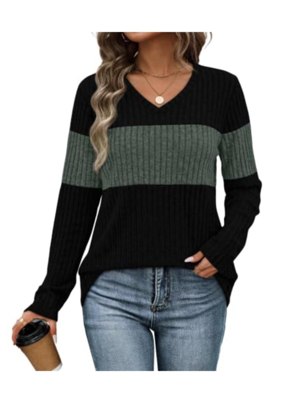 Womens Color Block Sweater V Neck Long Sleeve Tunic Top Fall Winter